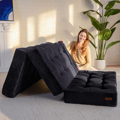 MAXYOYO Folding Mattress, Comfy Corduroy Foldable Mattress with 15cm Thicken Foam, Tri-Fold Floor Futon Sofa Bed for Guest,Black,Single