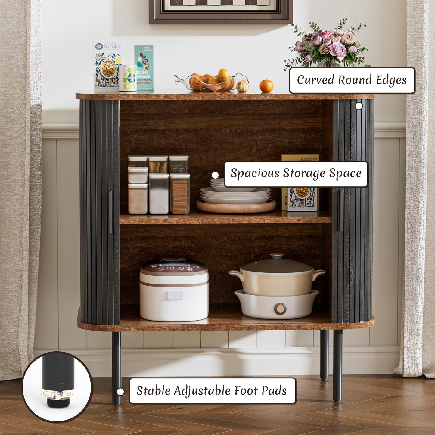BonVache Sideboard, Buffet Storage Cabinet for Living Room, Kitchen Cupboard with Tambour Sliding Door