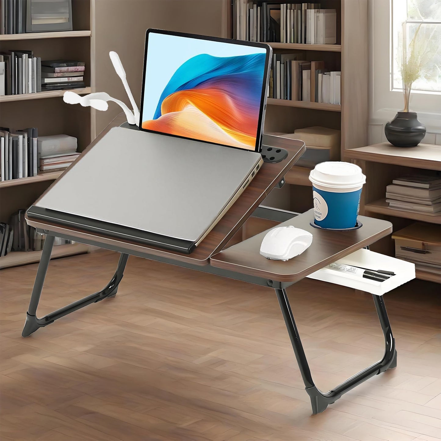 Laptop Desk, Laptop Bed Table with Foldable Legs, Cup Holder, Storage Drawer and USB Charging Port, Lap Desk Suitable for Work, Reading, Writing