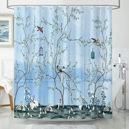 Hopomoon Light Blue Chinoiserie Bird Crane Shower Curtain, Waterproof Polyester Bath Curtain