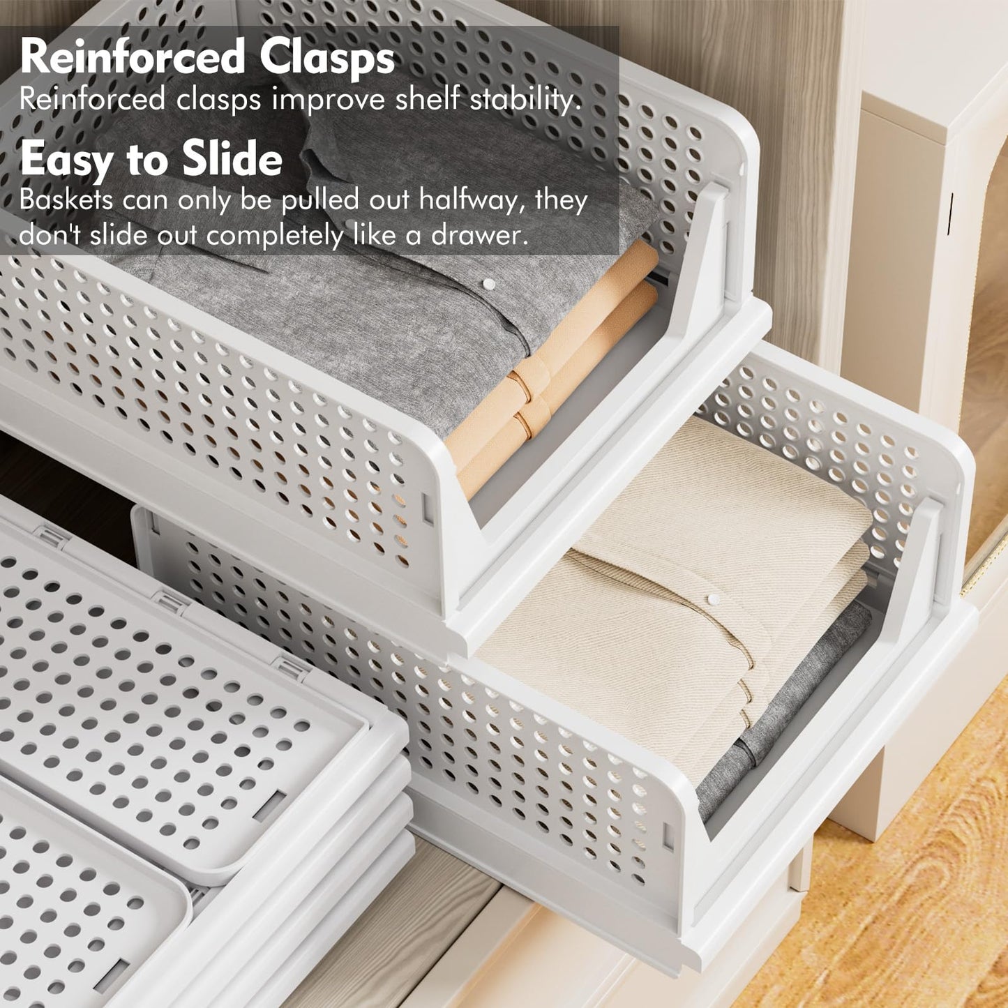 TidyIsles 8 Pack Plastic Folding Closet Stackable Storage Basket Closet Storage White