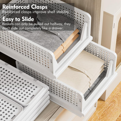 TidyIsles 8 Pack Plastic Folding Closet Stackable Storage Basket Closet Storage White