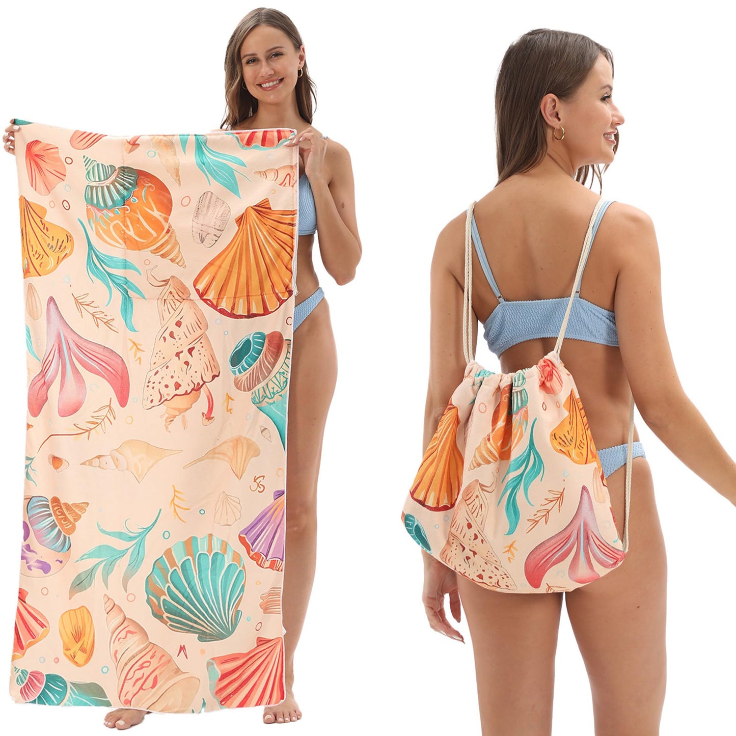 Senshuomy 2-in-1 Beach Towel Bag, Convertible Drawstring Beach Towel Backpack, Sand Free Quick Dry Microfiber Beach Towel for Adults