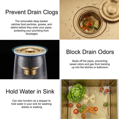 LQS Kitchen Sink Drain Strainer Assembly, Sink Drain 304 Stainless Steel with Removable Deep Waste Basket and Sealing Lid 3-1/2-inch Golden