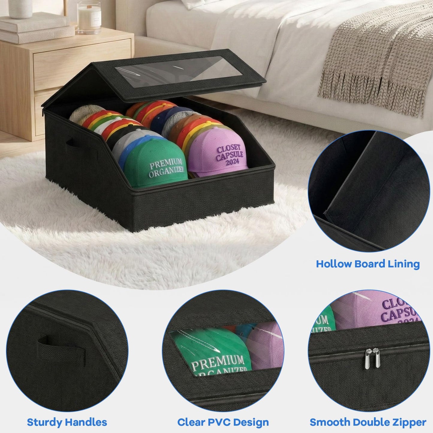 AURIVISTA Hat Storage Box for Baseball Caps, Holds up to 24 Caps,Black