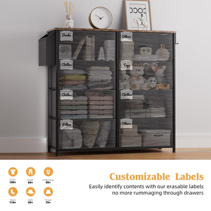 PURFINO Fabric Chest of Drawers - Canvas Storage Unit with 8 Large Drawers, Label Cards, Side Pocket & Hook for Living Room, Hallway, Bedroom