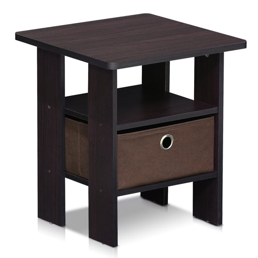 Furinno ANDREY Side Table, End Table, Night Stand with Open Shelves and Storage Bin, Bedside Table, for Living Room, Bedroom, Dark Walnut
