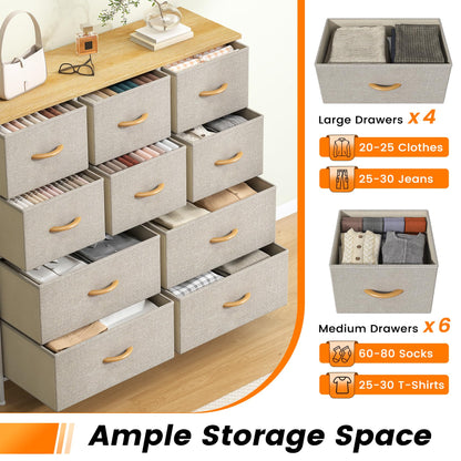 Feonase Chest of Drawers,Bedroom Tall Dresser with 10 Fabric Drawers, Metal Frame & MDF Wood Top, Adjustable Feet, Storage Organizer Unit for Bedroom
