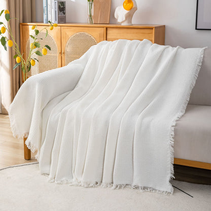GAOWEI Waffle Sofa Throws Couch Cover Large 3 seater with Decorative Fringe ideal for Sofa Couch Chair and Bed Cotton fit All Season,White 180x300cm
