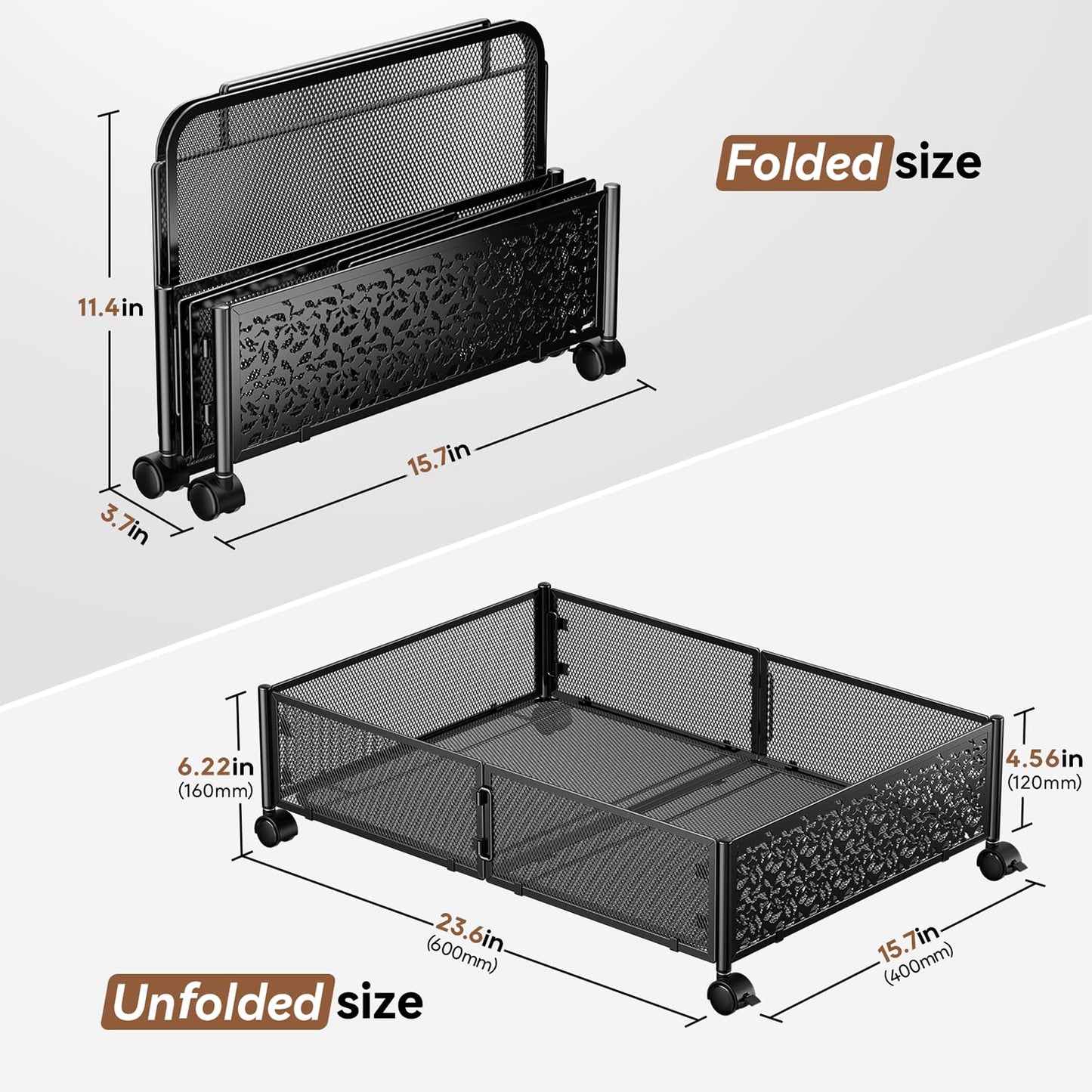 PHINOX Under Bed Storage Box on Wheels, Metal, Black, 2 Pack