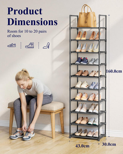 Kitsure Tall Shoe Rack for Narrow Space, 43.0cm Wide - 10 Tier, Black
