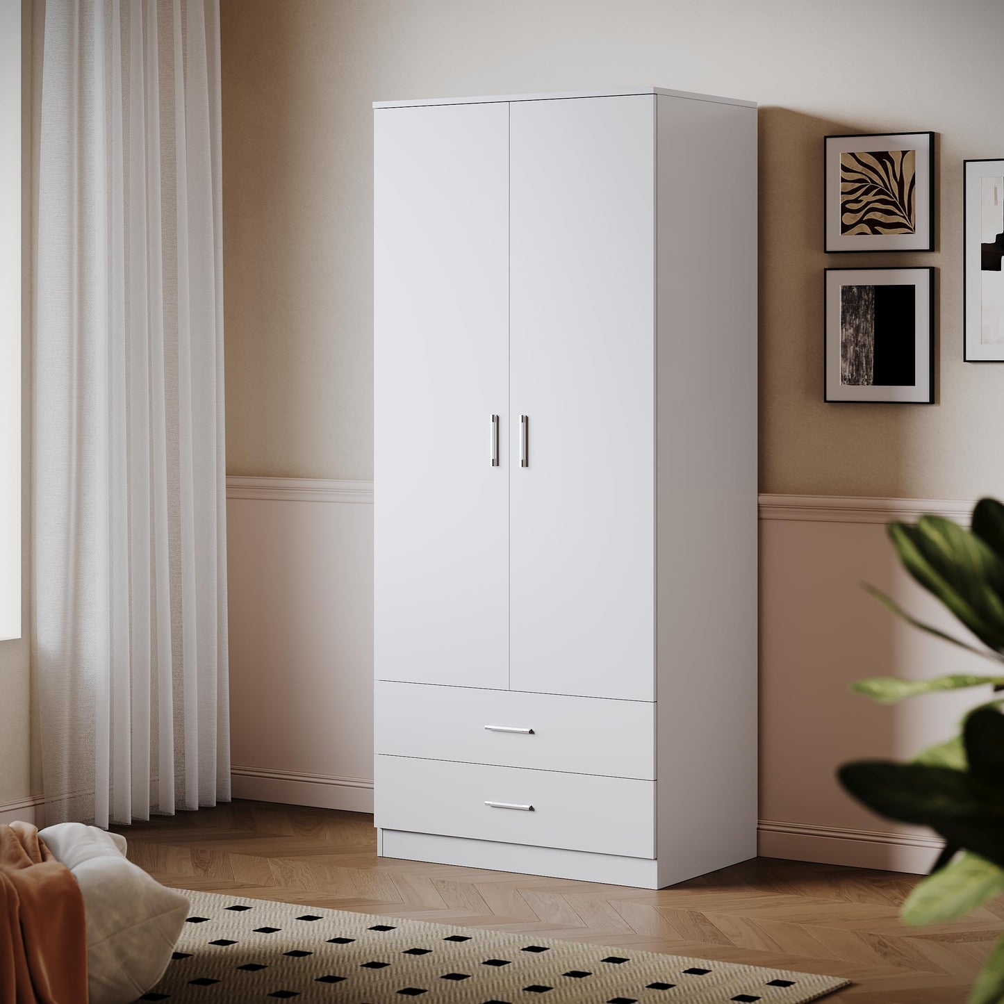 ELEGANT 2 Door Wardrobes with Clothes Hanging Rail and 2 Drawers, White