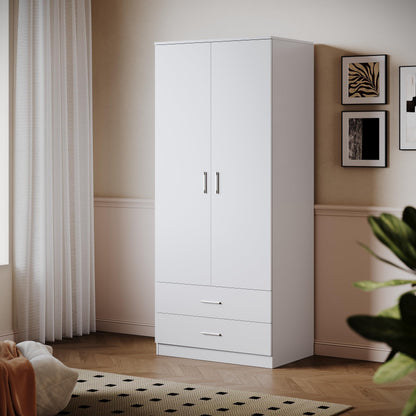 ELEGANT 2 Door Wardrobes with Clothes Hanging Rail and 2 Drawers, White