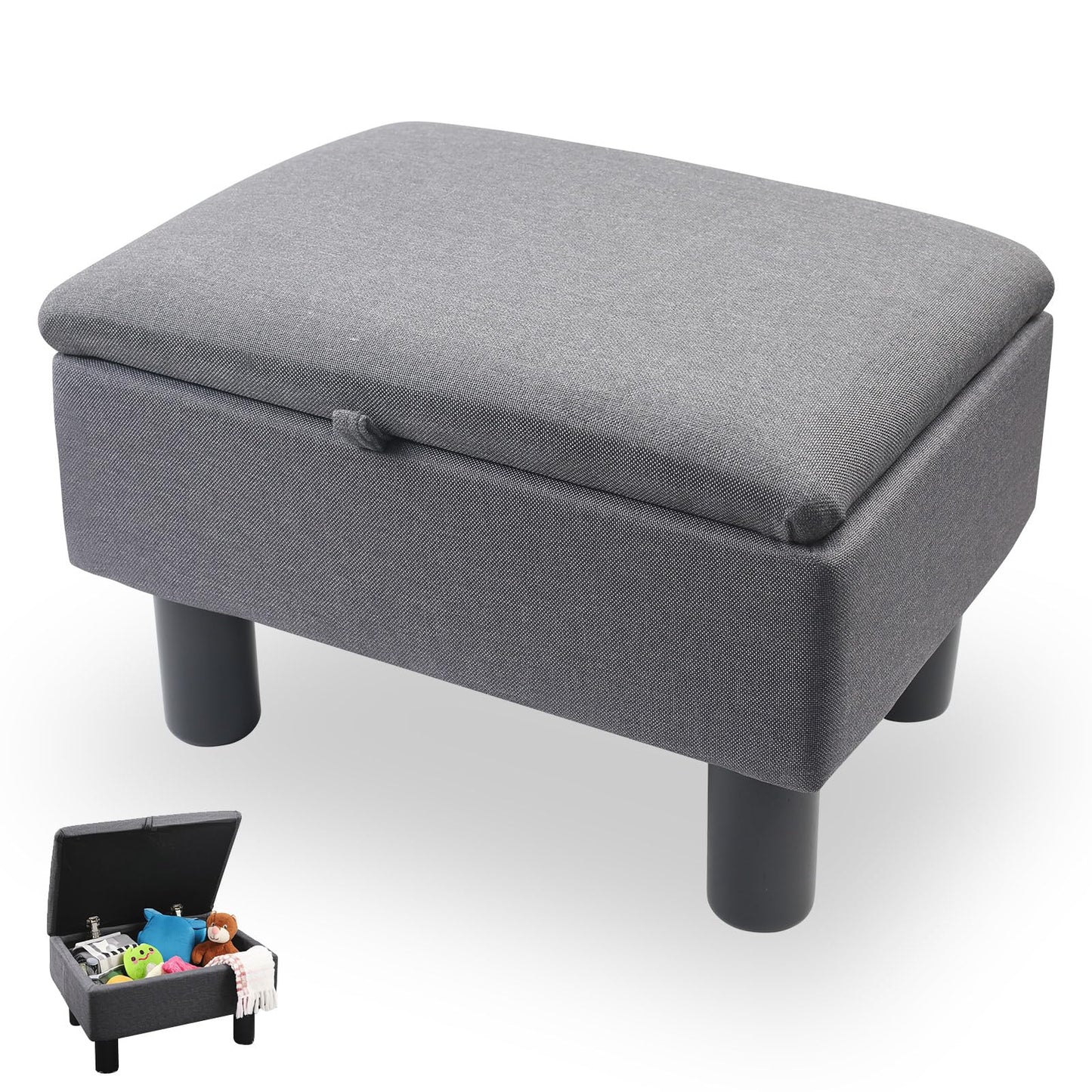 Gemsaya Linen Fabric Footstool with Storage, Storage Ottoman with Flip Top, 40x30x24cm Rectangular Upholstered Bench Pouffe Footstool for Living Room