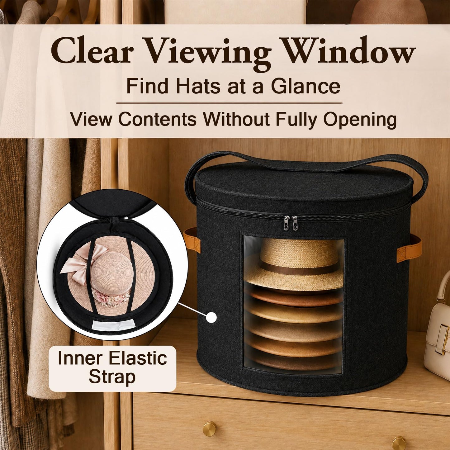 Hat Storage Box with Lid, 48x42cm Extra Large Round Felt Case with Handles