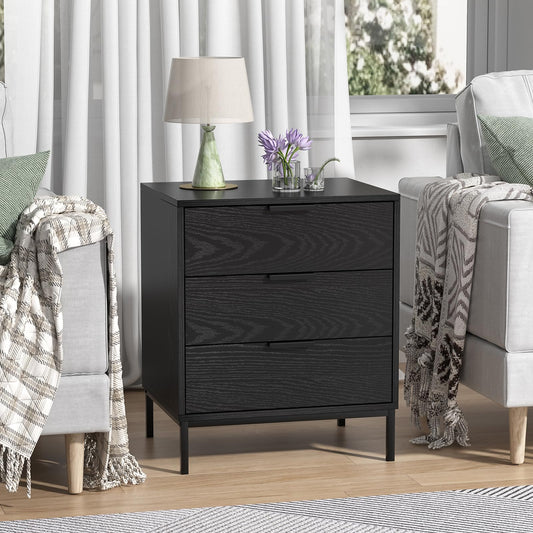 Yvsevnr Black Wooden Bedside Table with 3 Drawers Chest of 3 Drawers Bedroom Nightstand Modern Bedside Cabinet Side Table with Metal Legs, for Living