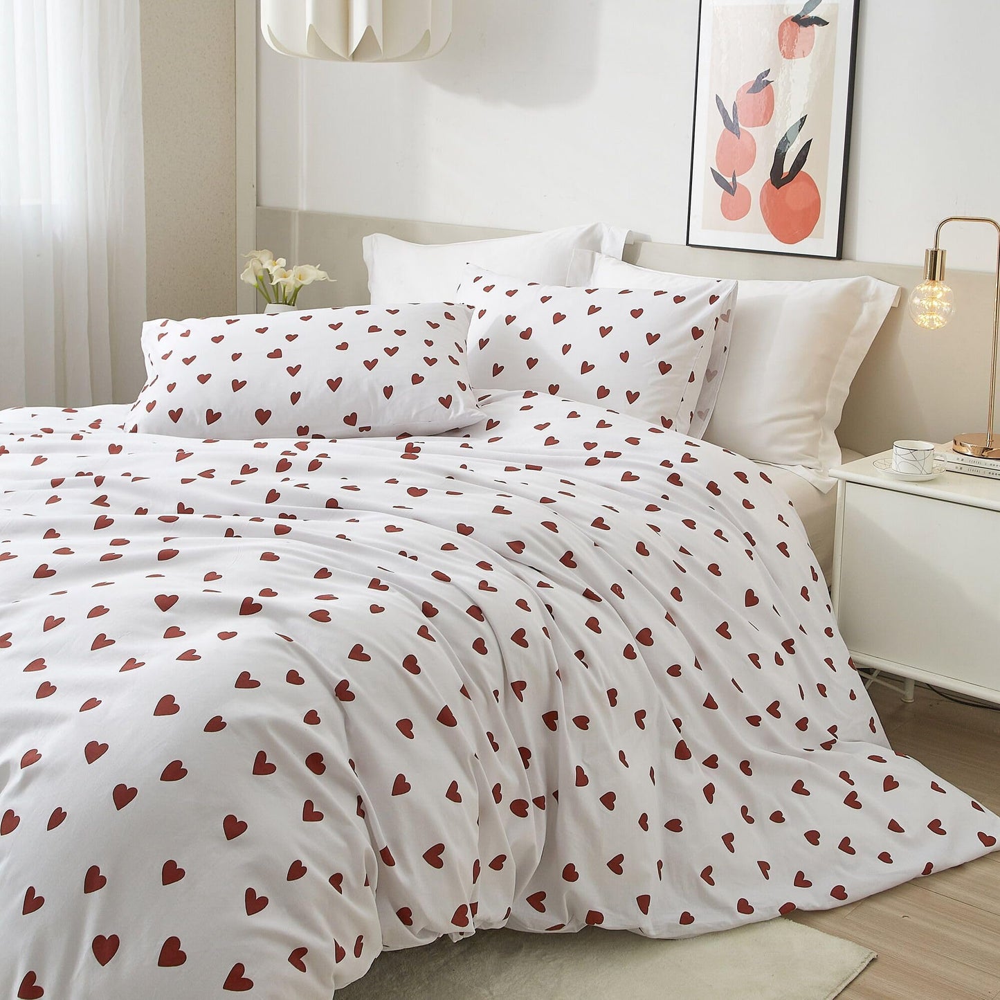 Ruccit Red Heart Print King Size Duvet Cover Sets 100% Cotton Love Heart Duvet Cover White Pattern 3pcs Modern Bedding Set with Zipper Closure Corner