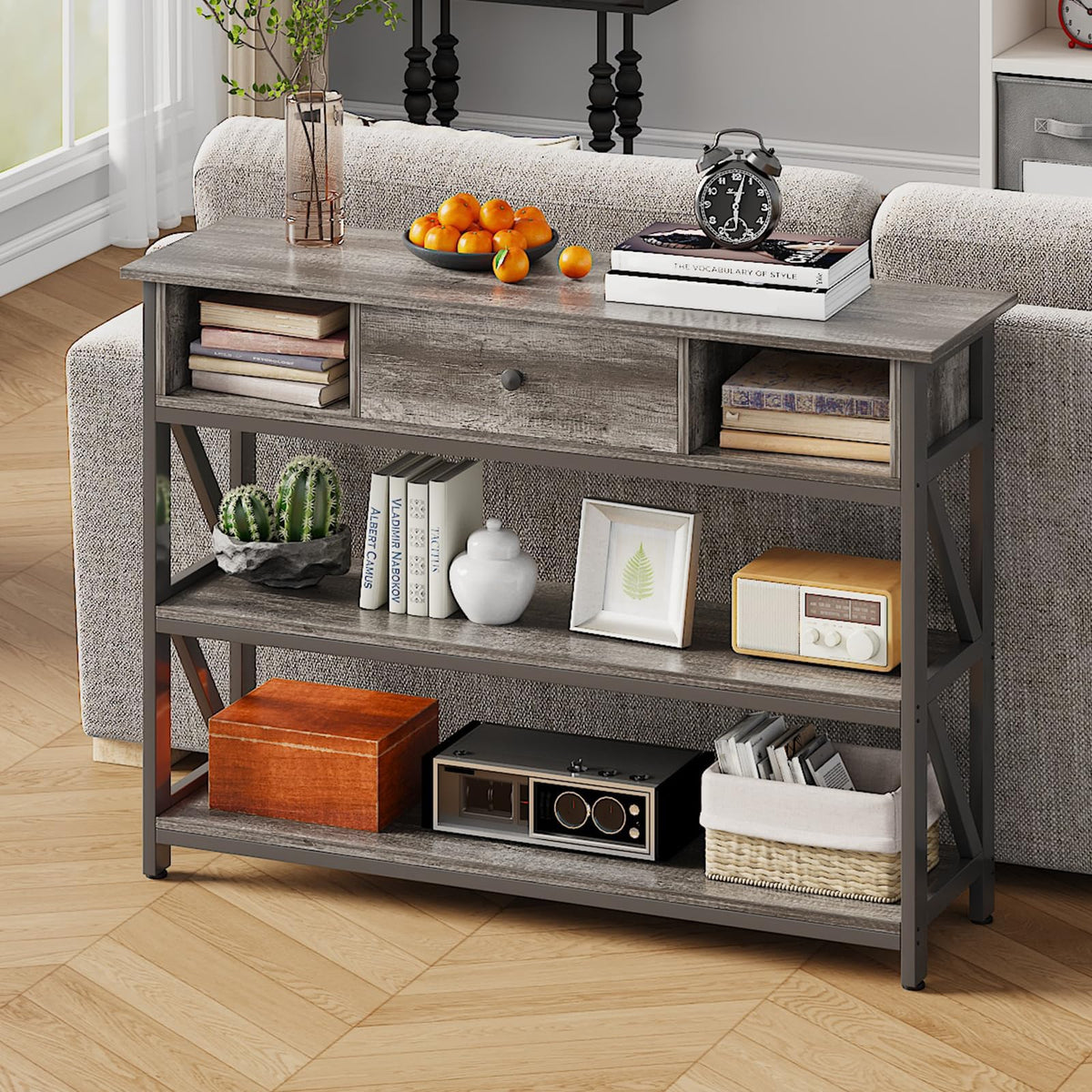 CAIYUN Console Table with Drawer Shelves, 100cm Hallway Table with Storage Shelves, Industrial Wood Entryway Sofa Table for Living Room, Couch, Foyer