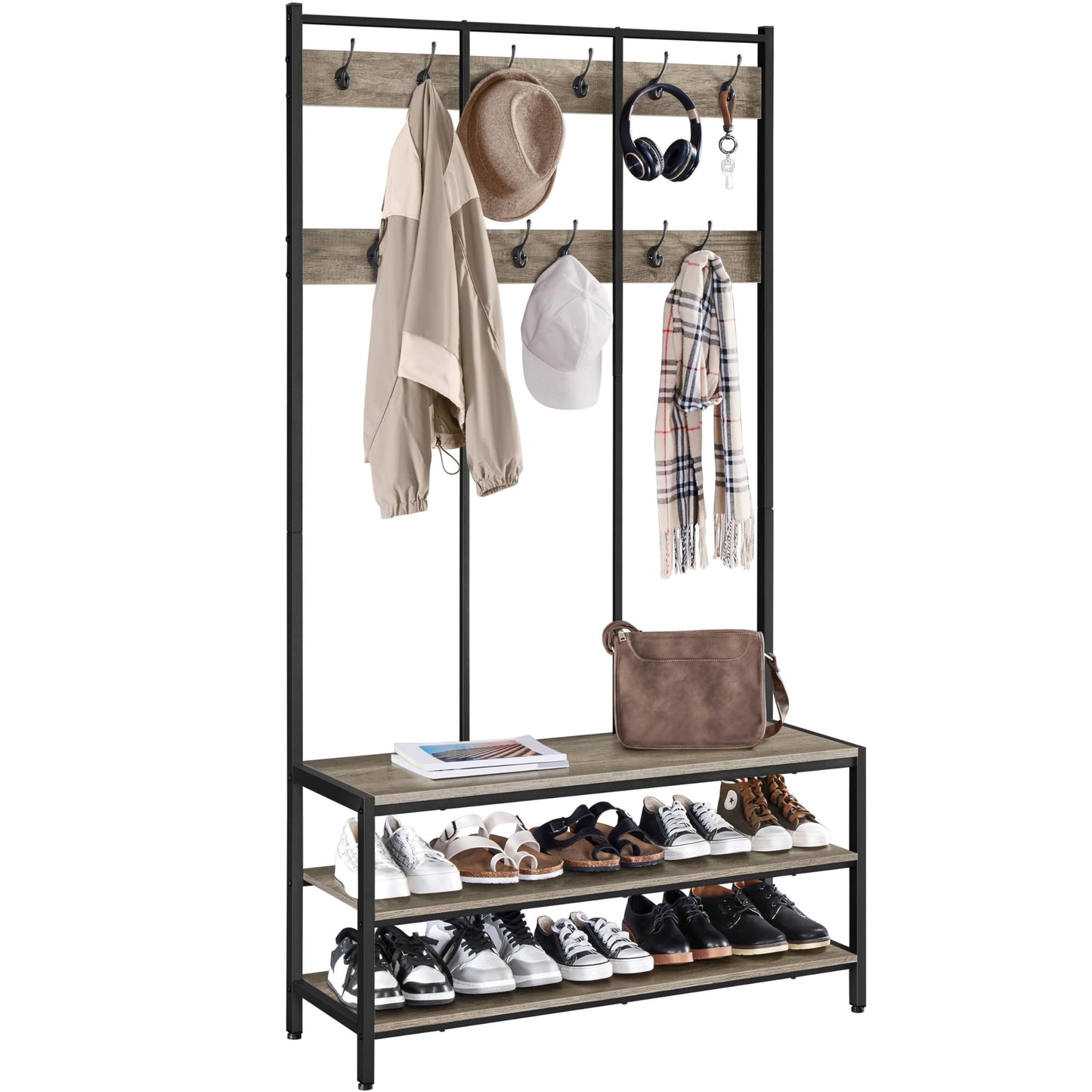 Yaheetech 3-in-1 Hall Tree Coat Rack with Shoe Bench & 24 Hooks, Gray