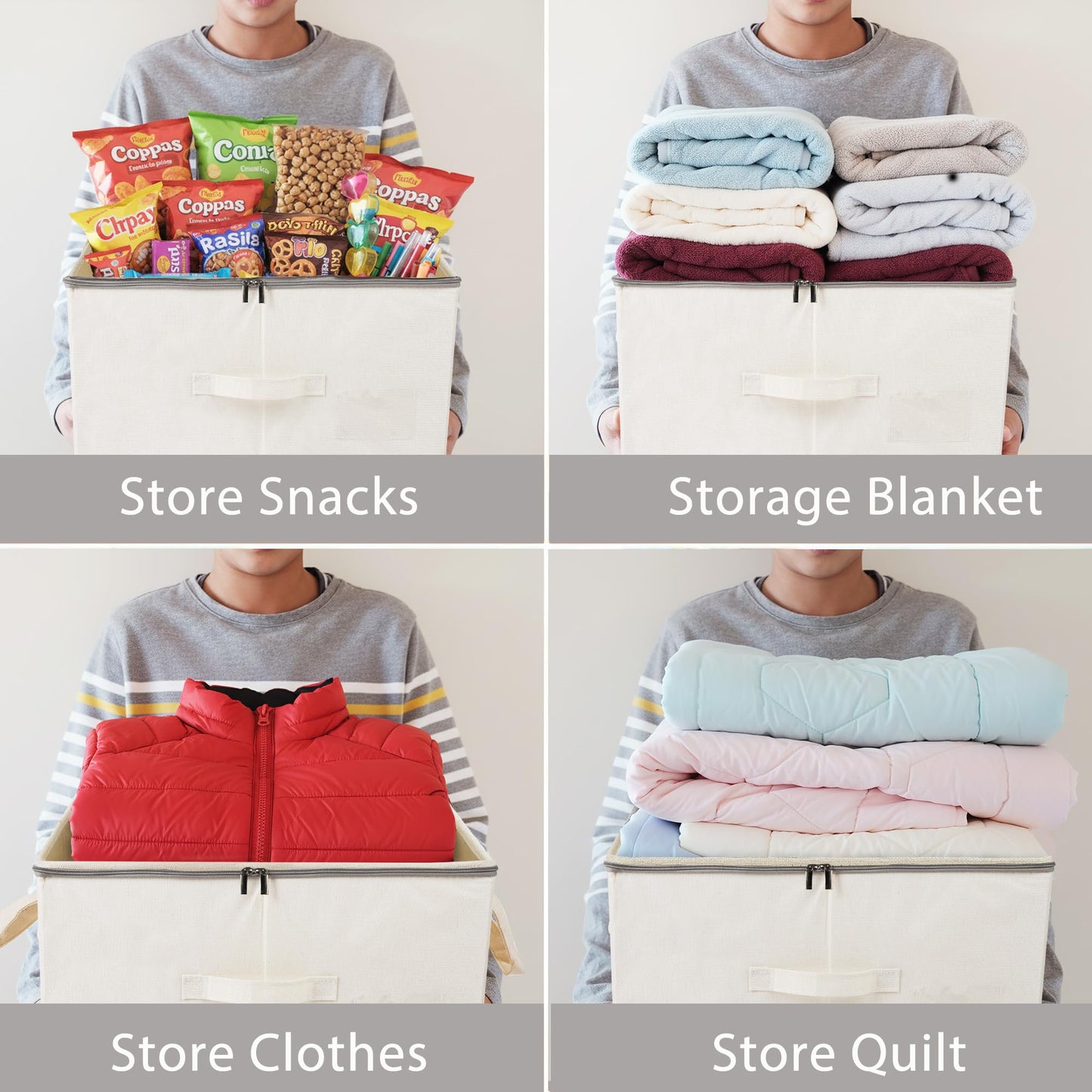 flaxarne Durable See-through Storage Box Bins with Dual Handles and zipper Lid Foldable Organizer for Clothes Toys Blankets Books 16 * 12 * 8 Inches