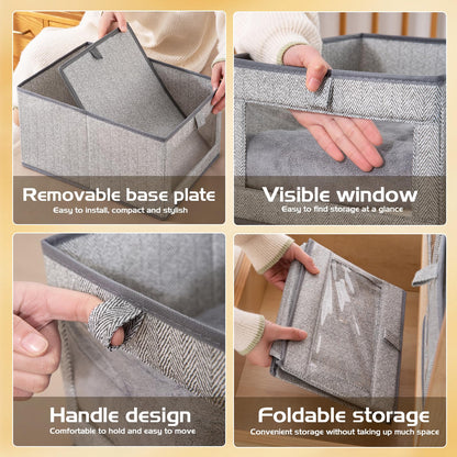 Aiuuee 3Pcs Clothes Storage Boxes, 40x30x20cm Fabric Storage Box with Handles, Collapsible Wardrobe Storage Organiser with Clear Window