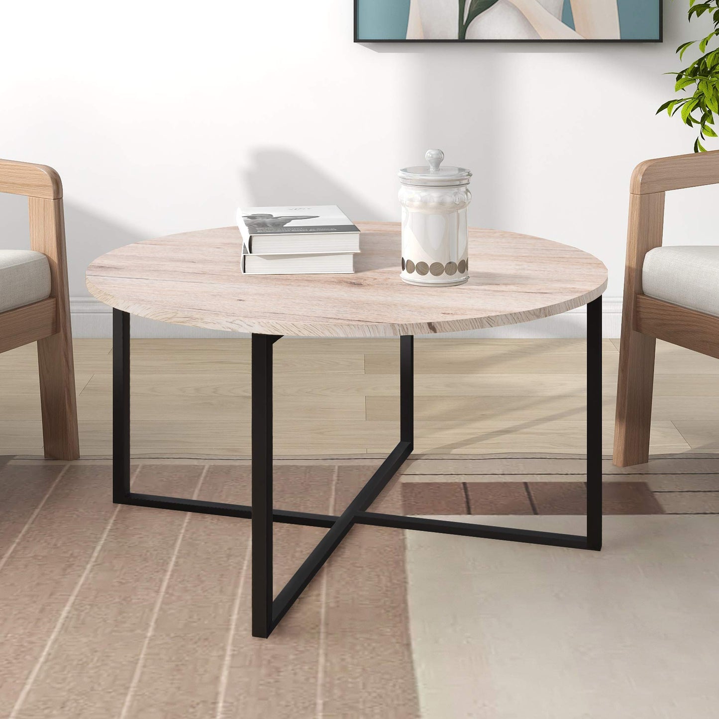 BOFENG Round Coffee Table Tea Table Round Coffee Table for Living Room with Metal Legs, Black+White oak