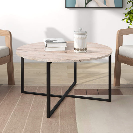 BOFENG Round Coffee Table Tea Table Round Coffee Table for Living Room with Metal Legs, Black+White oak