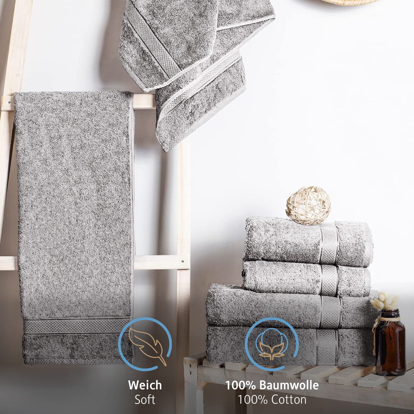 Komfortec Set of 4 Hand Towels 50 x 100 cm 100% Cotton Terry Towelling Soft Silver