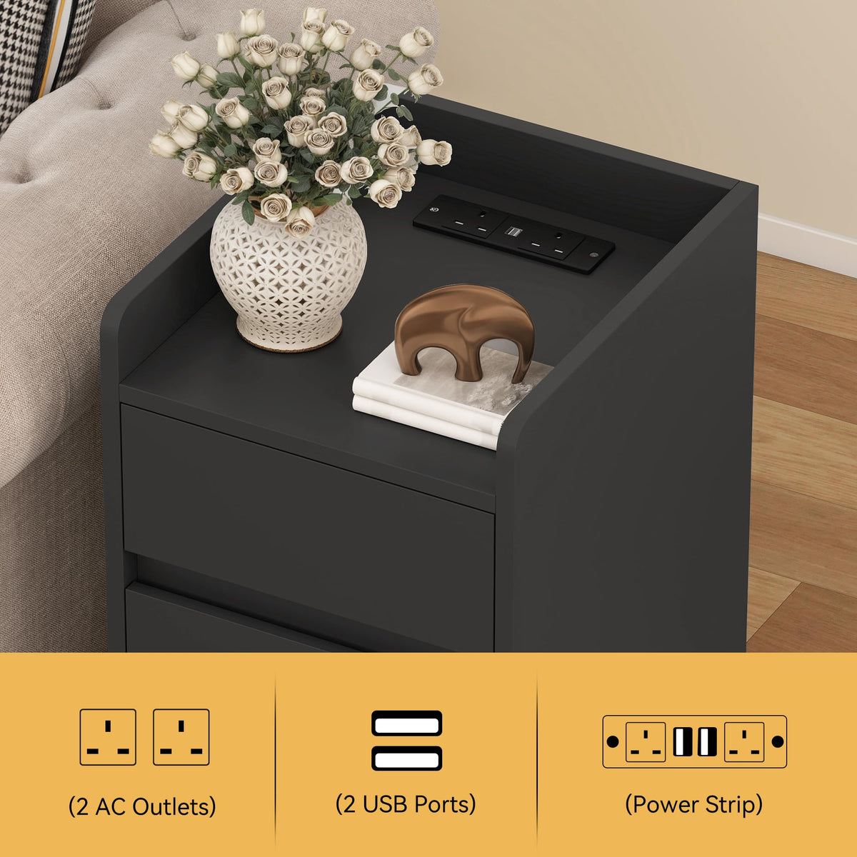 YITAHOME Bedside Table 3 Drawers Charging Station Nightstand Storage Black
