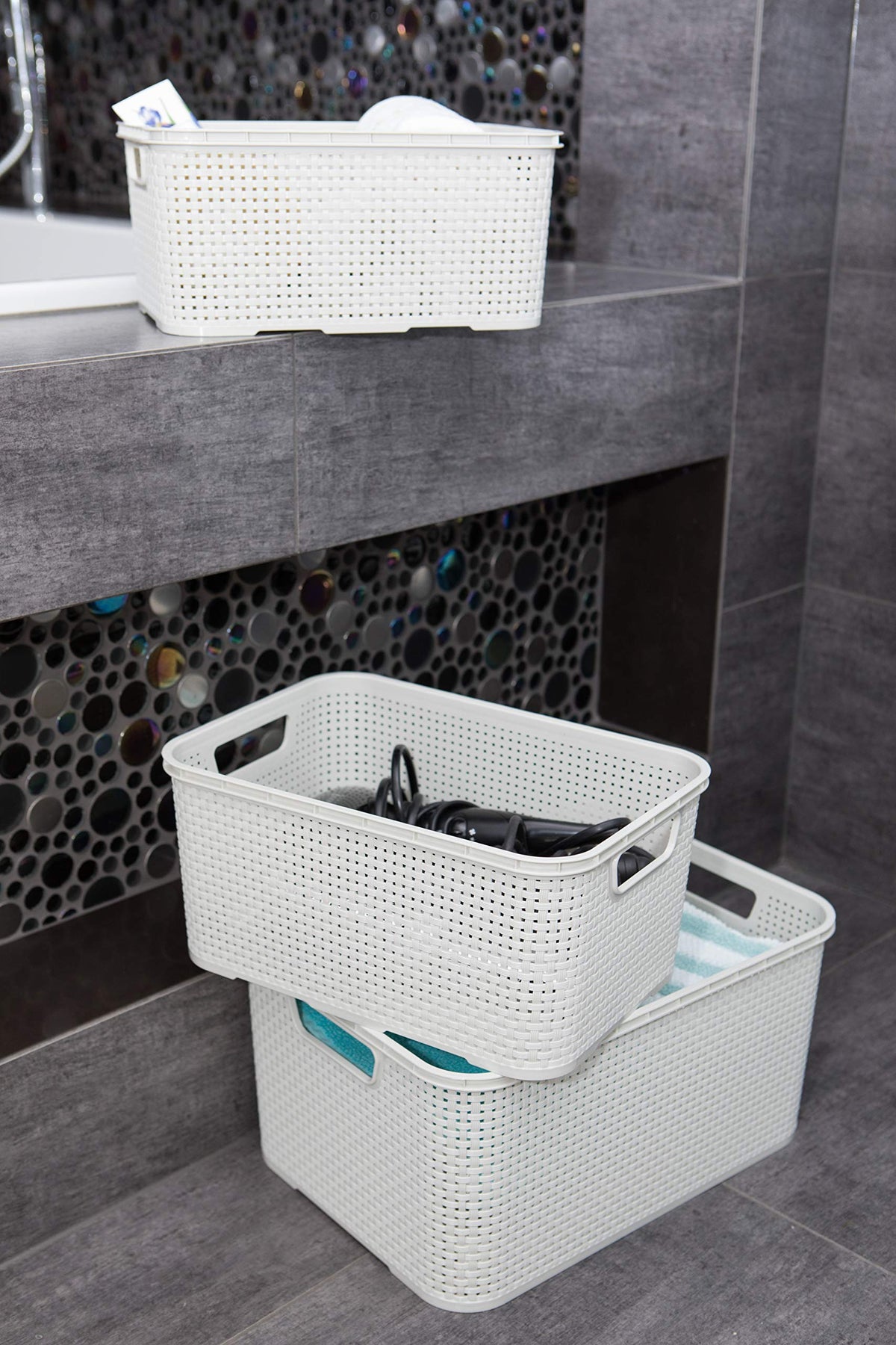 BranQ Home Essential Universal Multifunctional Basket in Rattan Design, Size L 19 L, BPA-Free Plastic PP, Cream, 38 x 27.8 x 18.5 cm