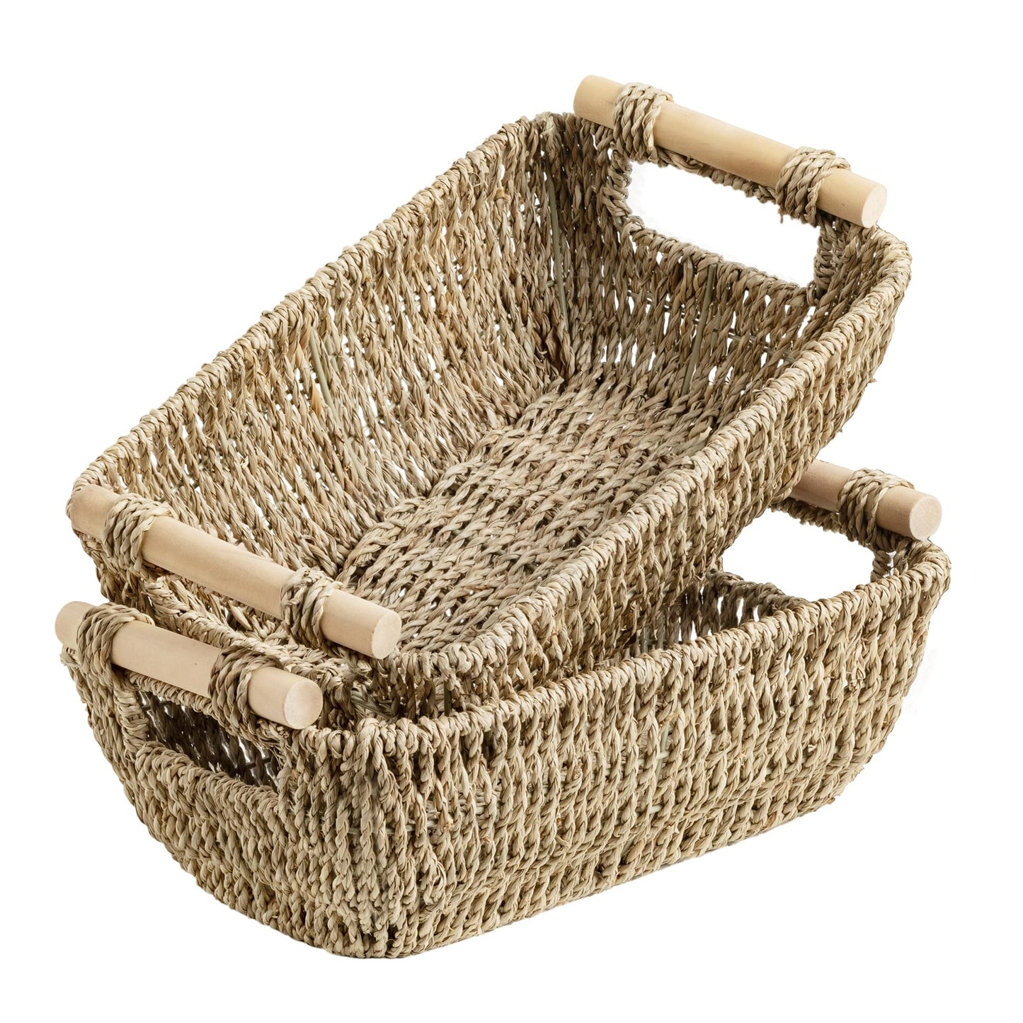 StorageWorks Wicker Storage Baskets for Shelves, Seagrass Shelf Storage Basket, Woven Box Organiser with Wooden Handles