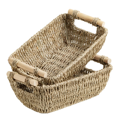 StorageWorks Wicker Storage Baskets for Shelves, Seagrass Shelf Storage Basket, Woven Box Organiser with Wooden Handles
