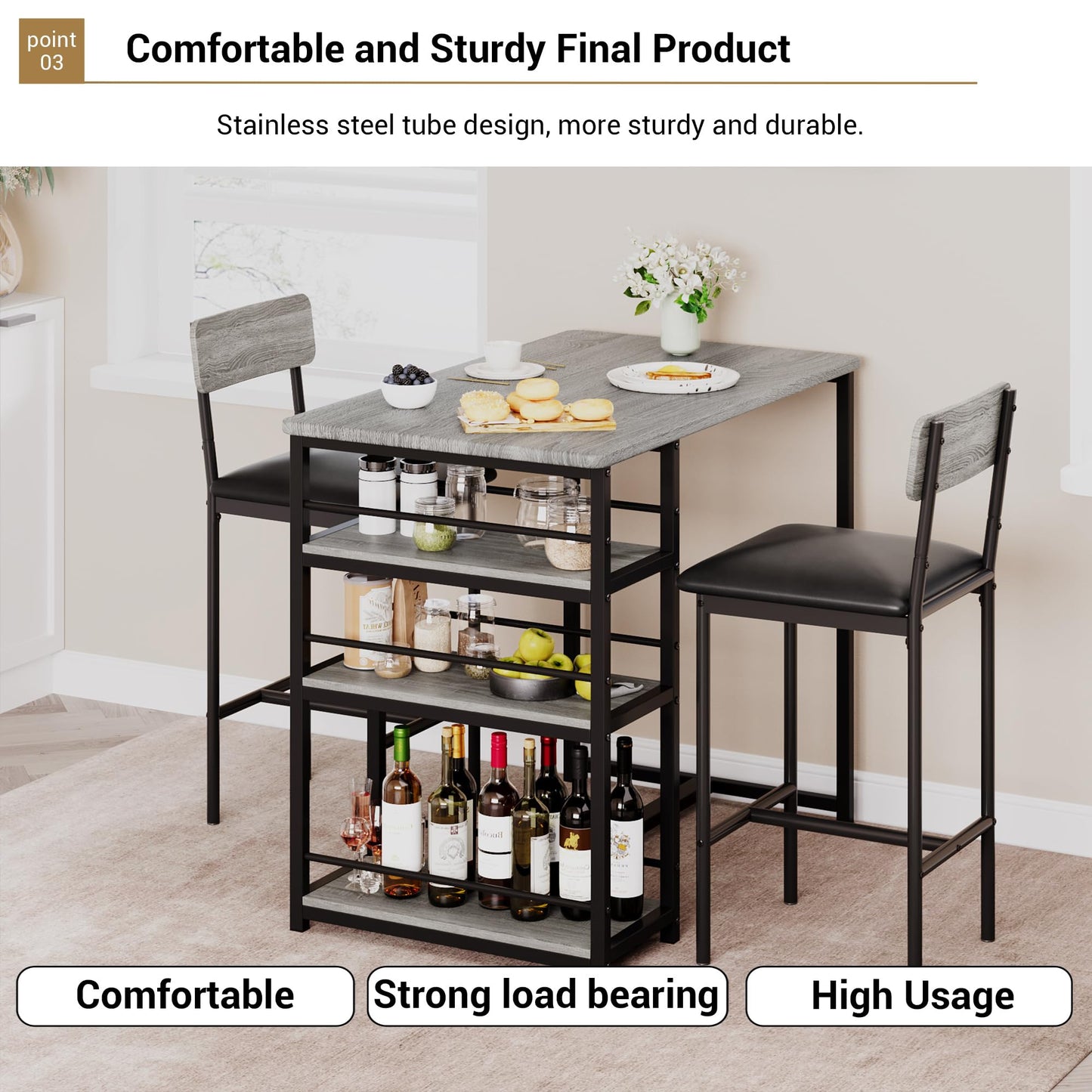 Techigher Bar Table Set, Dining Tables with 2 Upholstered Chairs, 3 Piece Counter Height Kitchen Table Set with 3-Tier Storage Shelves
