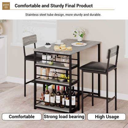 Techigher Bar Table Set, Dining Tables with 2 Upholstered Chairs, 3 Piece Counter Height Kitchen Table Set with 3-Tier Storage Shelves
