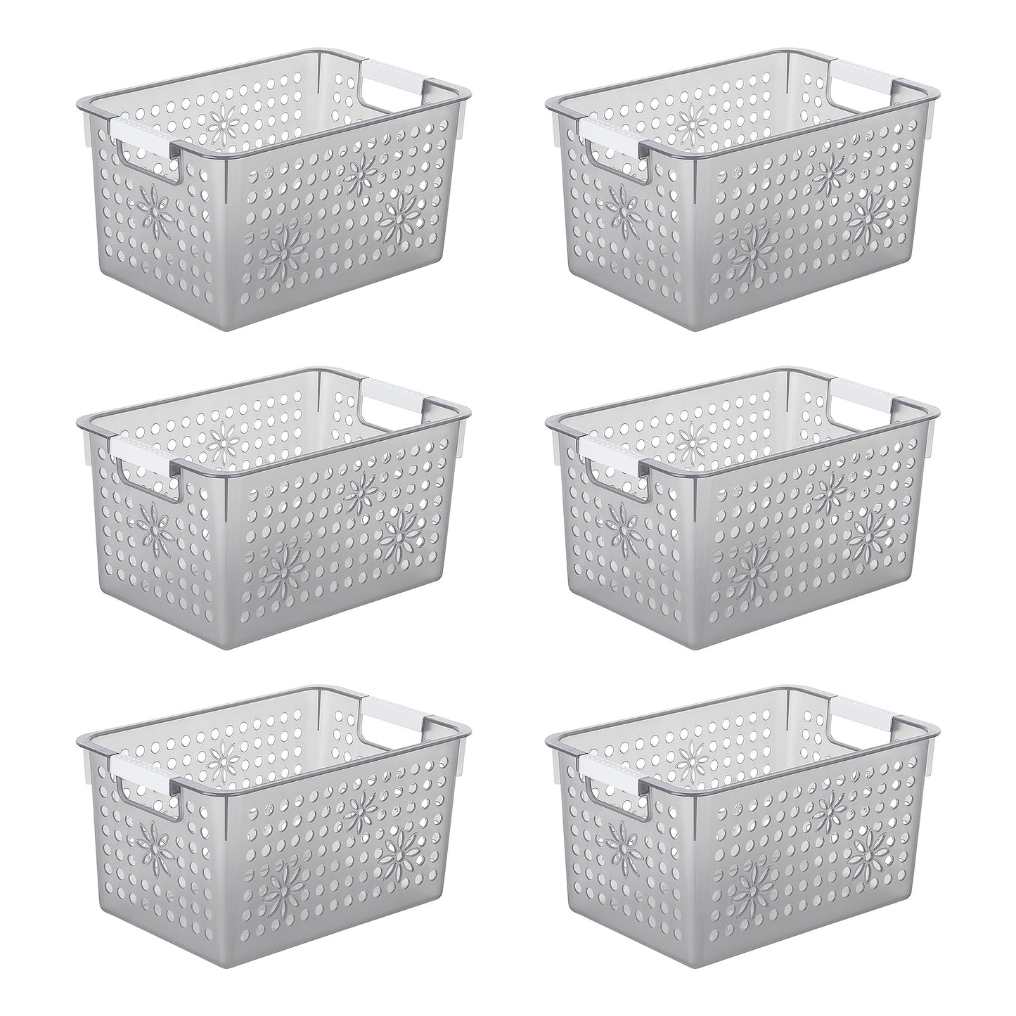 Cetomo Plastic Storage Box, Storage Baskets with Handle, Shelf Basket Organizer with Hole, Open Top Storage Bin for Home Kitchen Office, Clear Black