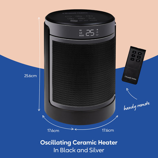 Russell Hobbs Space Heater in Black & Silver 1500W Portable Oscillating Ceramic Round Electric Heater, Low Energy Digital Display, 4 Modes, 24hr Auto