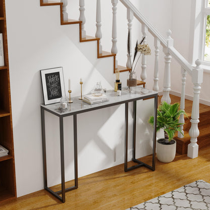 Console Table Hallway Sintered Stone: Consoles Desk 100x30x78.5 cm High Gloss Cold Jadeite White Marble Texture with Black Legs Narrow Tall Modern
