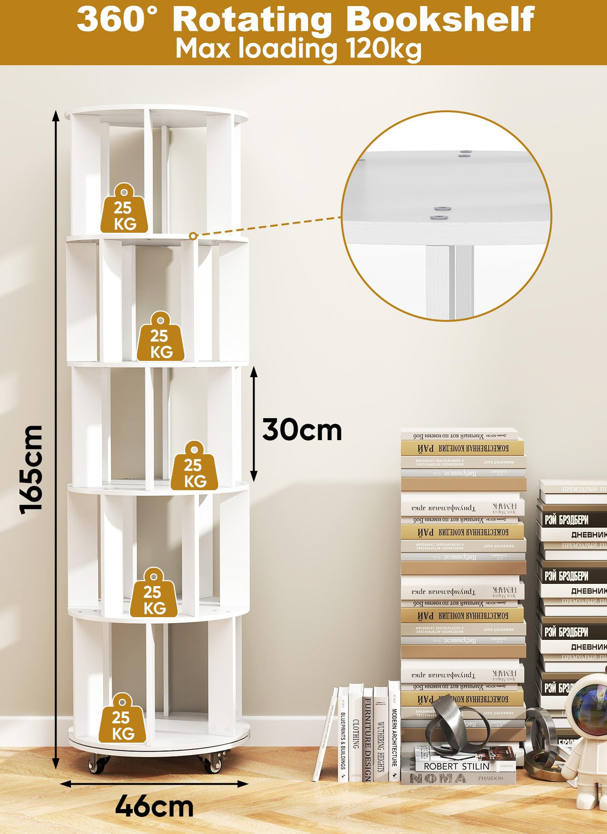 Suuiwau 5 Tier Rotating Bookshelf, 360° Revolving Bookcase with Wheels