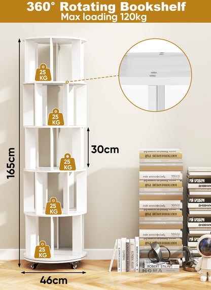 Suuiwau 5 Tier Rotating Bookshelf, 360° Revolving Bookcase with Wheels