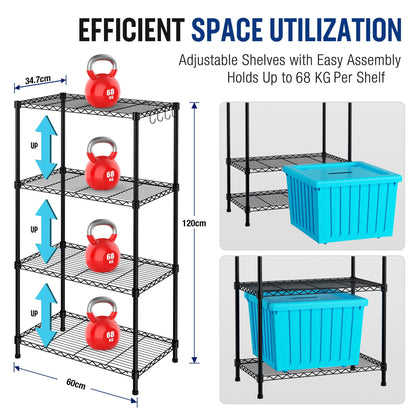 WORKPRO 4-Tier Metal Shelving Unit with 4 Hooks | Height Adjustable Storage Unit with Leveling Feet | Free Standing Shelf Units - 272KG Max-Weight |