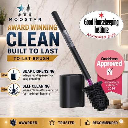 Premium Silicone Toilet Brush with Holder Good Housekeeping Approved - Stainless Steel Wall-Mounted & Free-Standing