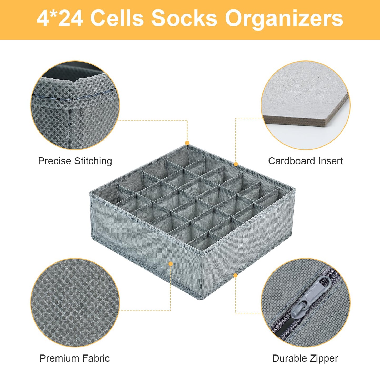 Joyoldelf Drawer Organiser - Set of 4 Foldable Sock Organisers - Wardrobe Storage Organiser with 24 Cells - Drawer Dividers Storage Boxes for Socks