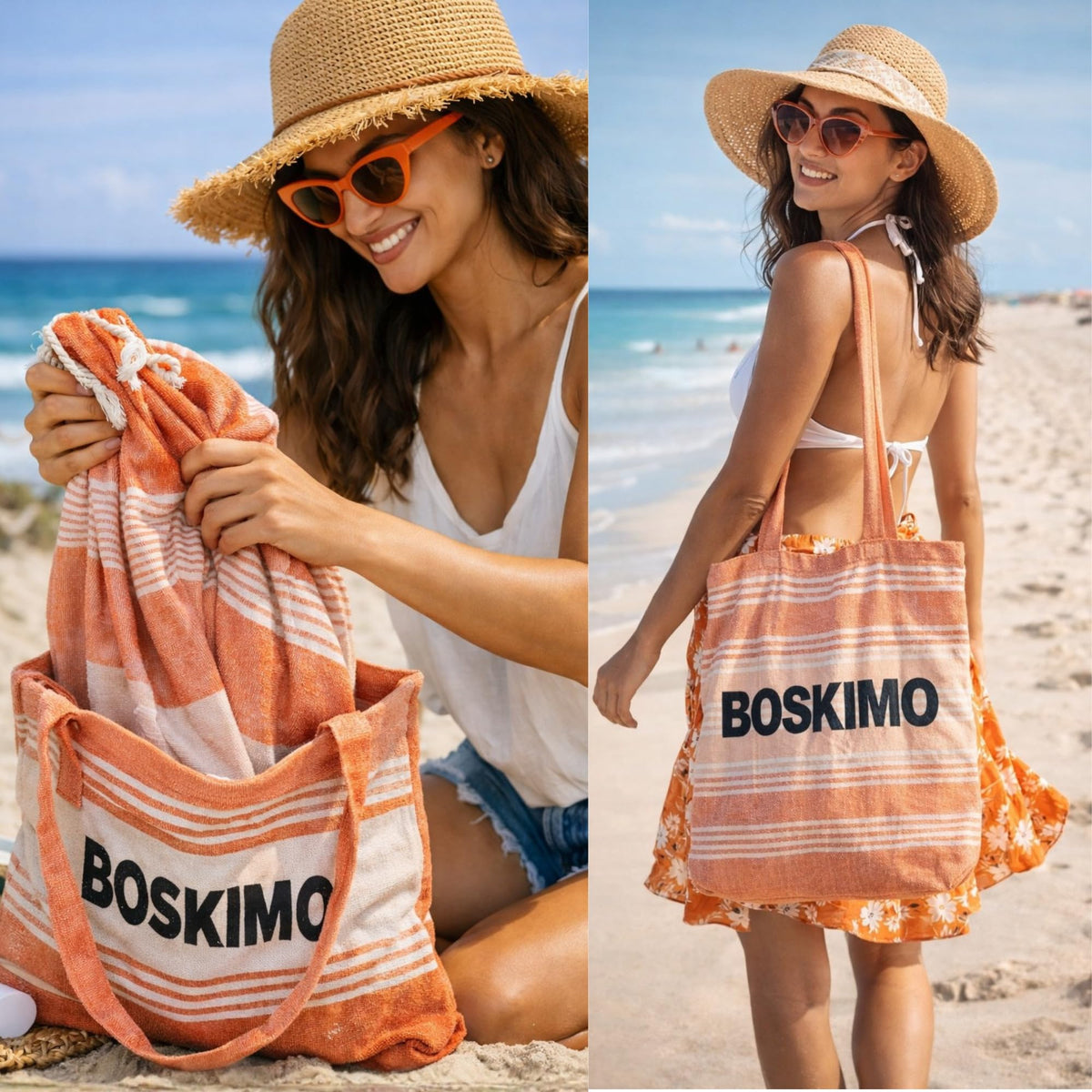 BOSKIMO Large Beach Towel with Sewn Bag 2 in 1 – Fouta Style Sarong with Fringes, 90 x 200 cm – Multipurpose Towel and Bag for Men and Women