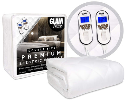 GlamHaus Double Size Electric Blanket - Fitted Mattress Bed Cover - Premium White Diamond Quilted - 9 Heat Settings for Feet and Body, Timer, Dual