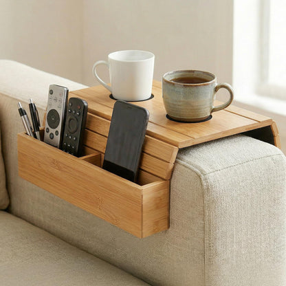 Solvio Bamboo Sofa Arm Tray with Cup Holder, Foldable Couch Arm Table with Anti-Slip Base, Wooden Armrest Organizer for Drinks, Snacks