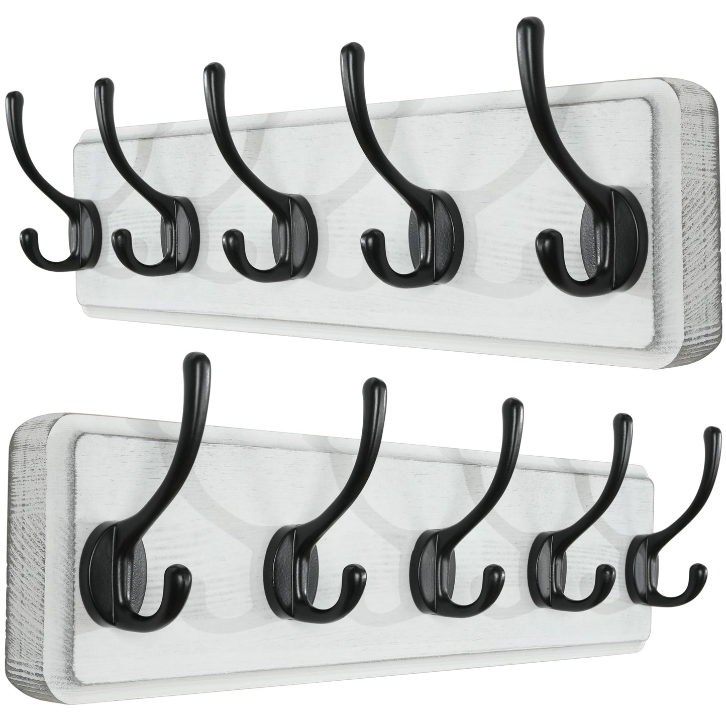 SKOLOO Farmhouse Style Wall Mounted Coat Rack, Pack of 2, Pine Solid Wood Coat Hook Hanger - 5 Hooks for Hanging Clothes Robes Towels Coats