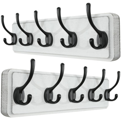 SKOLOO Farmhouse Style Wall Mounted Coat Rack, Pack of 2, Pine Solid Wood Coat Hook Hanger - 5 Hooks for Hanging Clothes Robes Towels Coats
