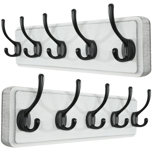 SKOLOO Farmhouse Style Wall Mounted Coat Rack, Pack of 2, Pine Solid Wood Coat Hook Hanger - 5 Hooks for Hanging Clothes Robes Towels Coats