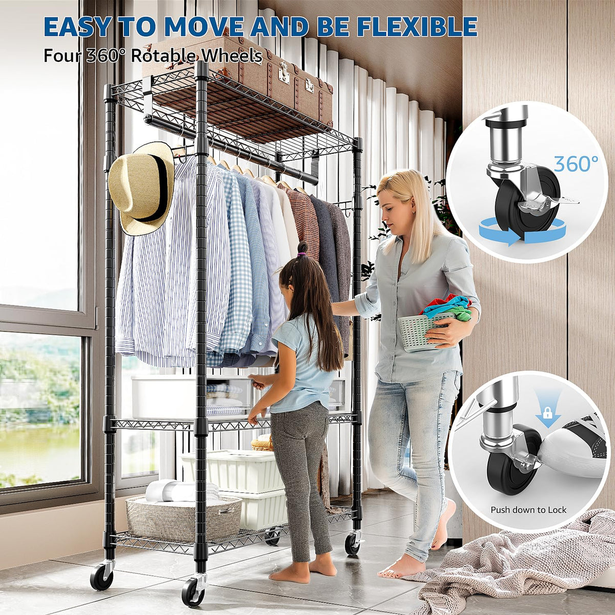 M MZG Heavy Duty Rolling Garment Rack 3 Tiers Adjustable Wire Shelving Clothes Rack with Rods and Side Hooks,Storage Closet Clothing Rack with Wheels