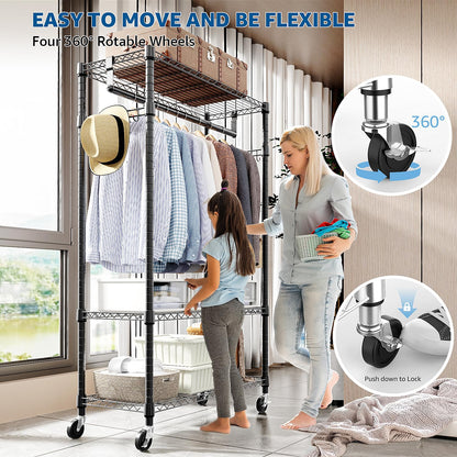 M MZG Heavy Duty Rolling Garment Rack 3 Tiers Adjustable Wire Shelving Clothes Rack with Rods and Side Hooks,Storage Closet Clothing Rack with Wheels